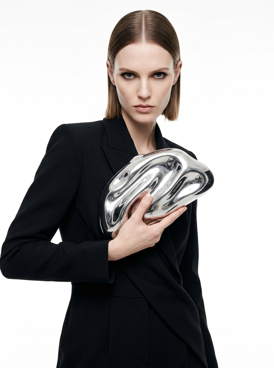 Liquid Chrome Silver Sculpted Evening Clutch
