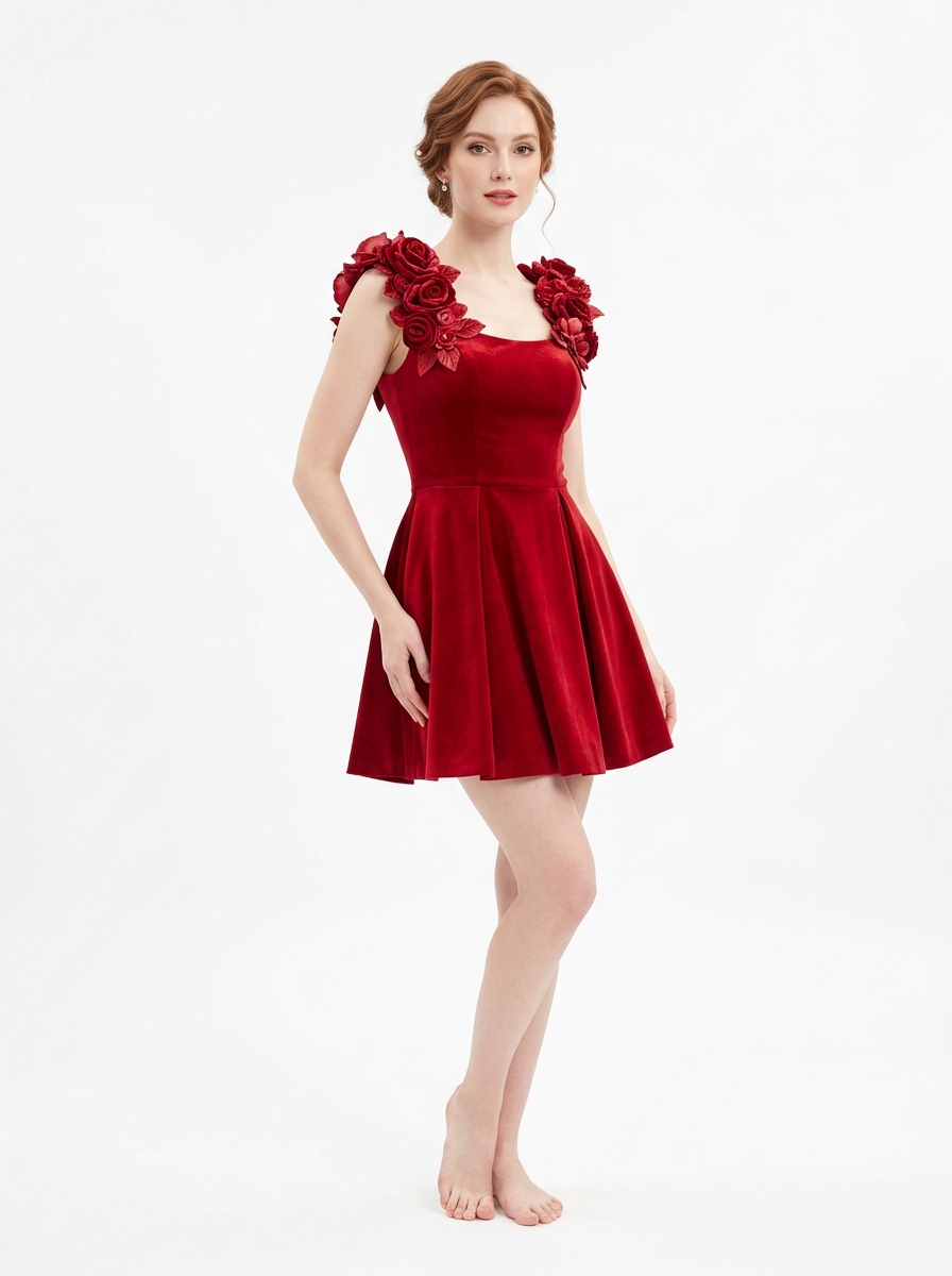 Doppia Velvety Flower Mini Dress — Red