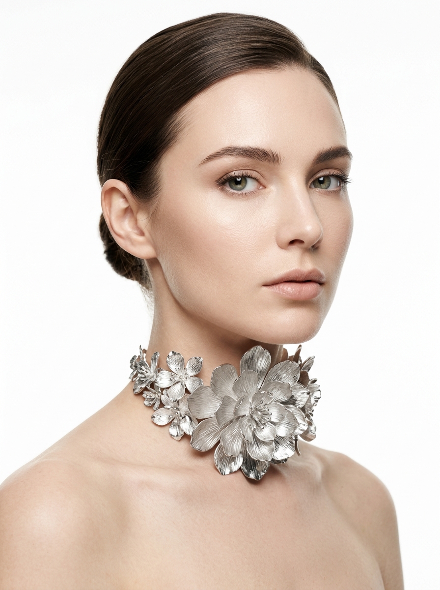 Sculpted Silver Blooming Floral Choker