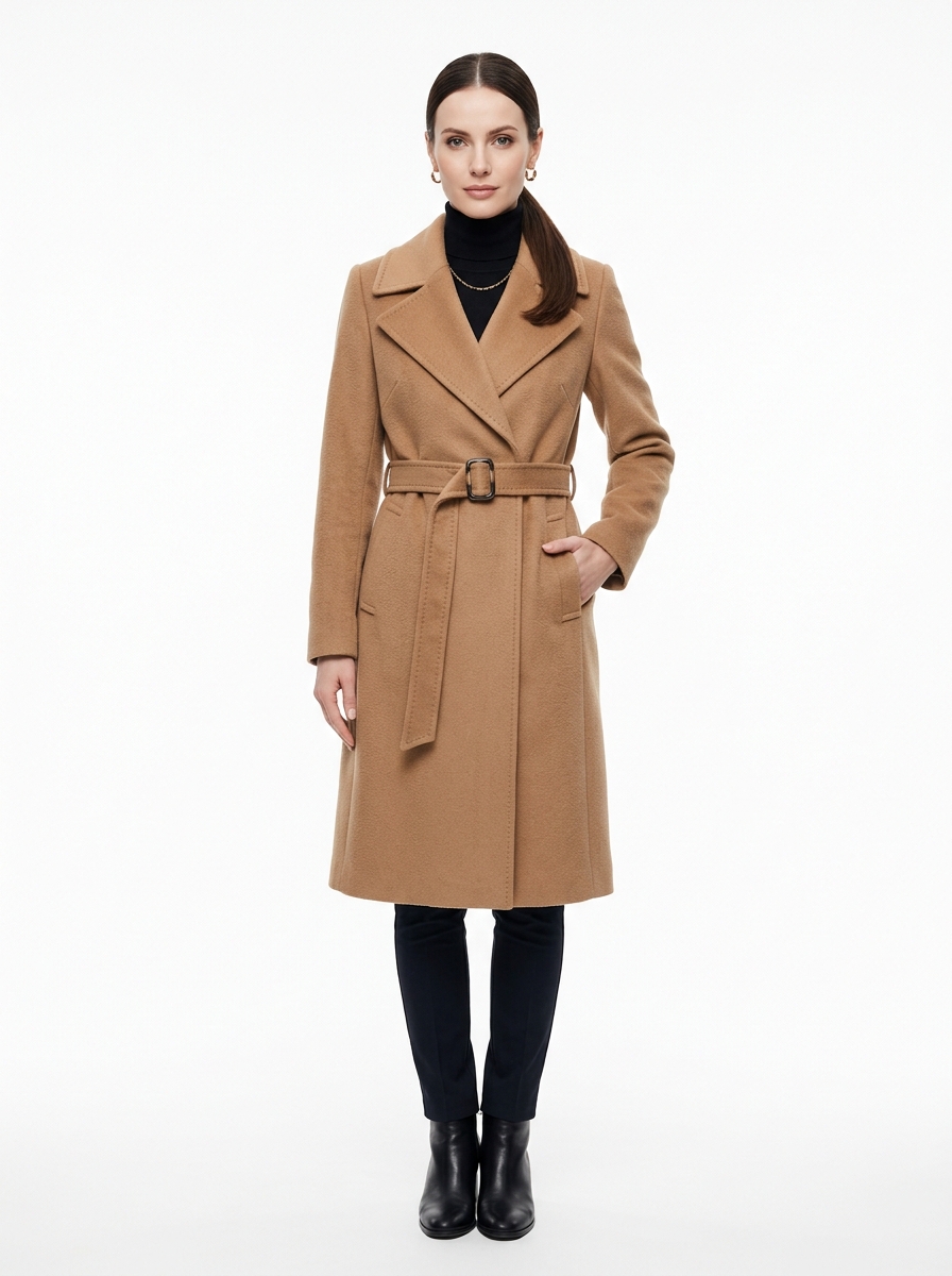 Double-Breasted Camel Wool Belted Trench