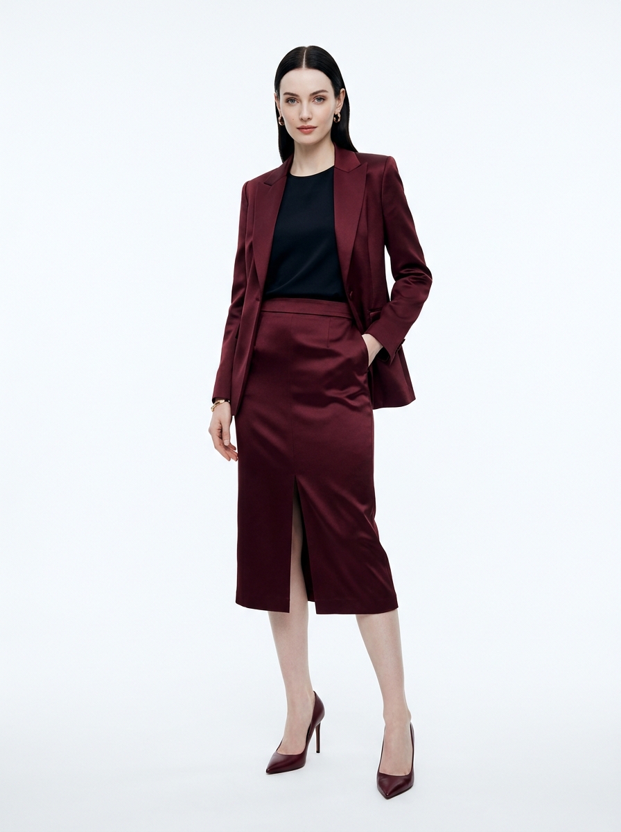 Deep Burgundy Tailored Satin Midi Skirt