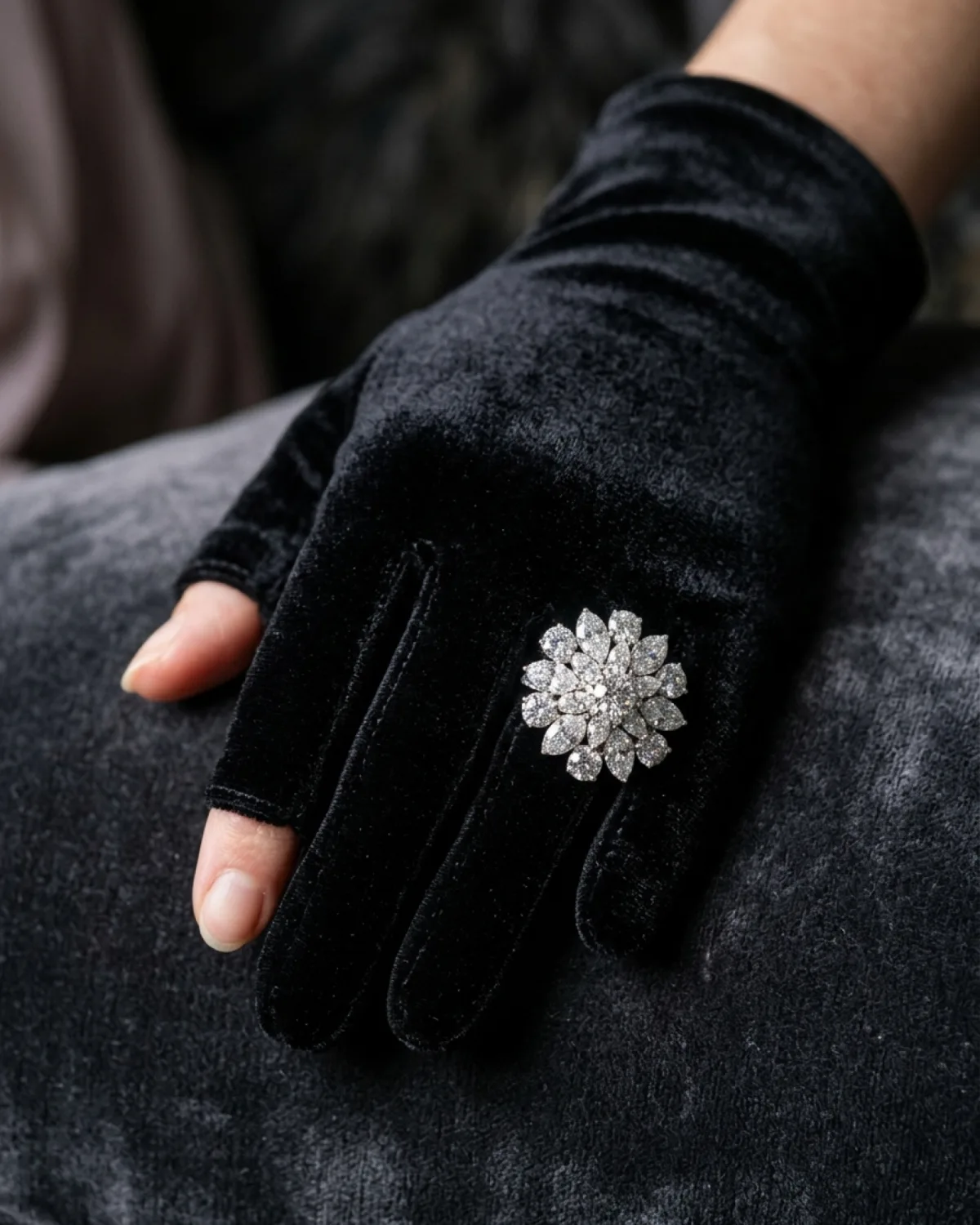 Noir Velvet Evening Gloves with Crystal Ring (alternate view)