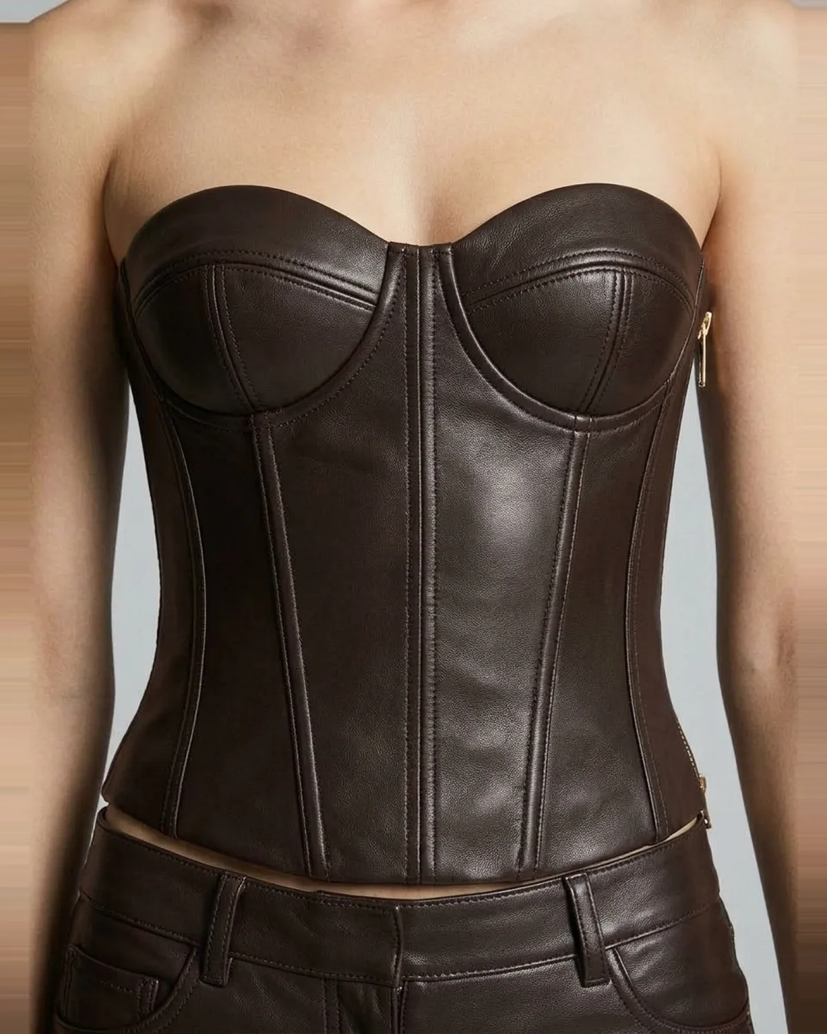 Espresso Leather Boned Corset & Trousers (alternate view)