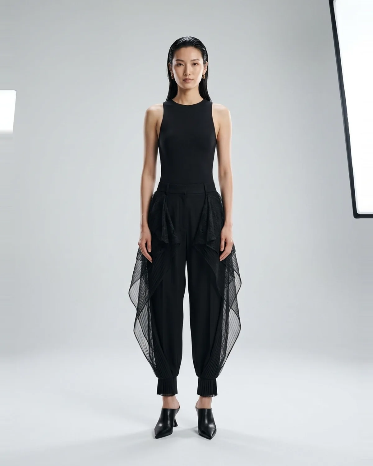 Elio Runway Sheer Pleated Harem Trousers